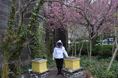 Woman in beekeeping outfit next to hives and trees